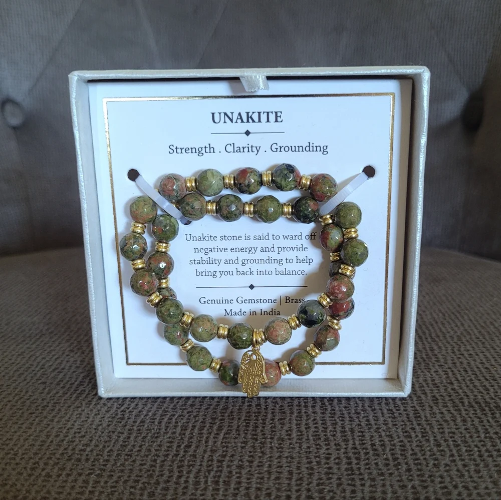 Shivam Unakite Stretch Bracelet Duo✌️ with Hamsa🤚Charm - NIB - Picture 11 of 15